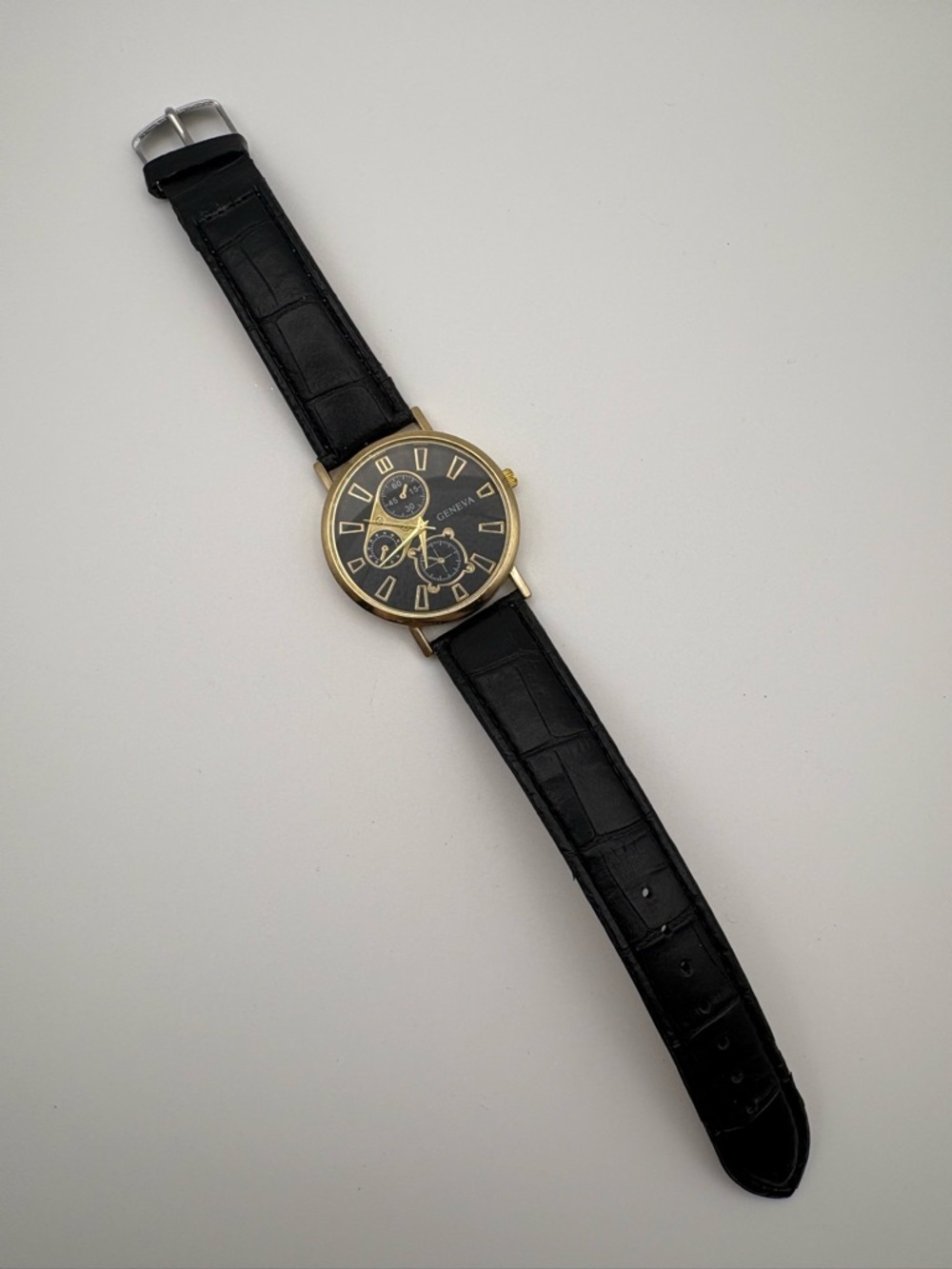 Geneva Gold Case Black Dial Watch with Black Leather Strap Faux Chronograph Dial